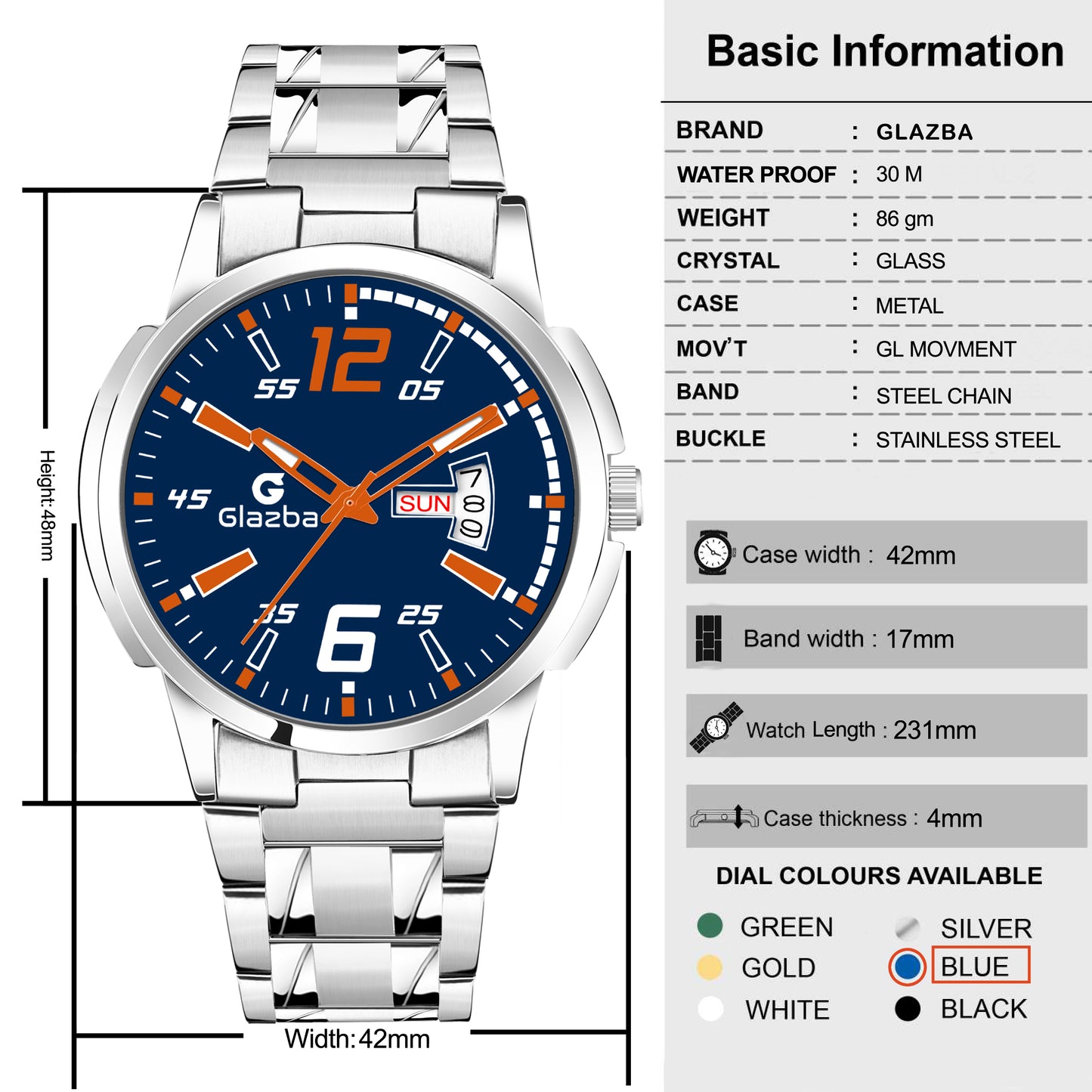 Glazba Signature 12–6 Blue Dial Analog Watch with Day & Date – For Men