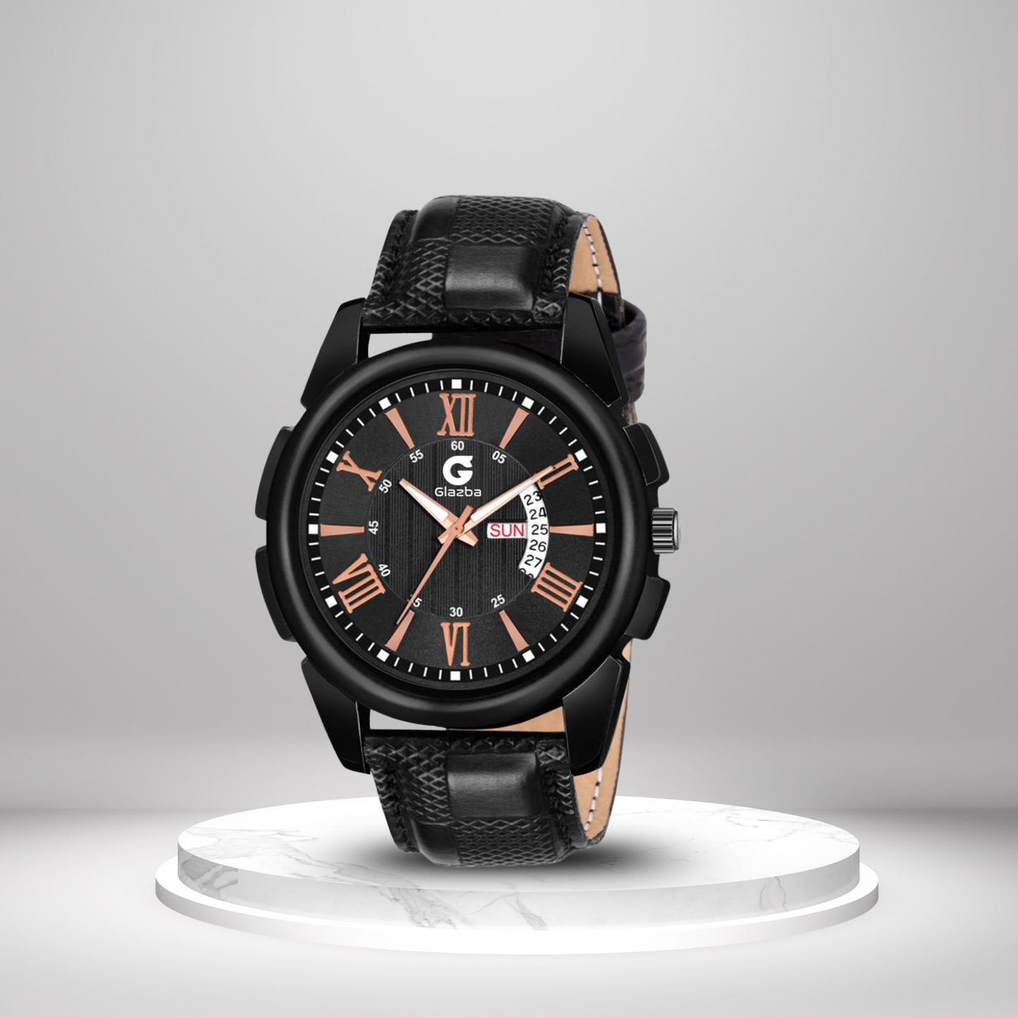 Textured Black Leather Analog Watch with Day & Date – For Men