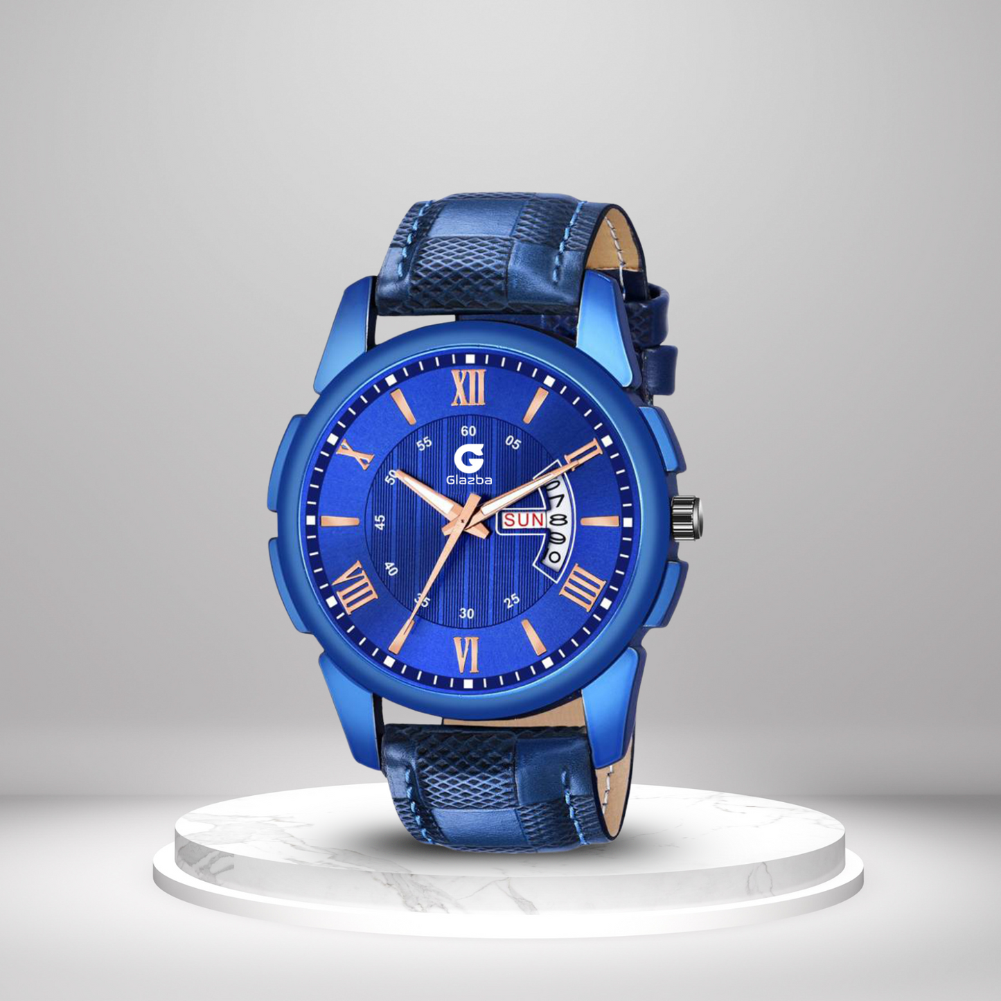 Textured Blue Leather Analog Watch with Day & Date – For Men
