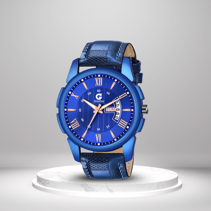 Textured Blue Leather Analog Watch with Day & Date – For Men