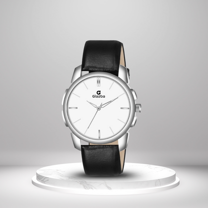 Classic White Dial Watch with Black Leather Strap – For Men