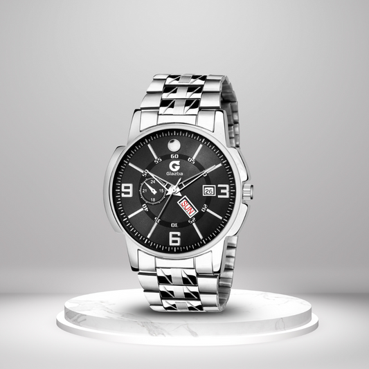 Men’s Black Stainless Steel Analog Watch with Day & Date – Bold & Timeless Style