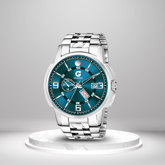 Green Analog Watch for Men with Day & Date – Unique Stainless Steel Timepiece
