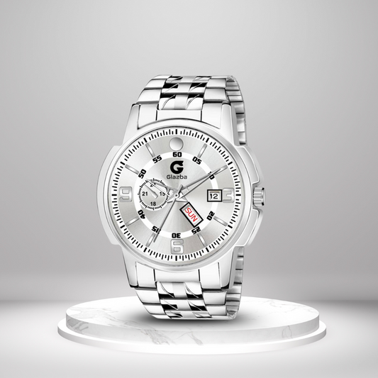 Elegant White Dial Men’s Watch with Day & Date – Classic Stainless Steel Design