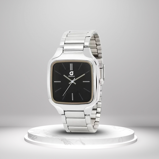 Square Black Dial Watch with Silver Stainless Steel Strap - for Men