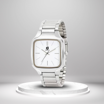 Square White Dial Watch with Silver Stainless Steel Strap - for Men