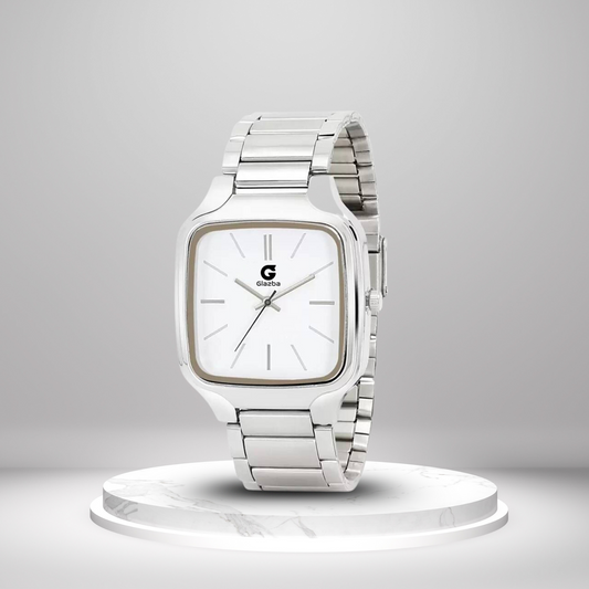 Square White Dial Watch with Silver Stainless Steel Strap - for Men
