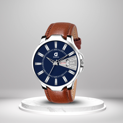 Blue & Silver Dial with Brown Leather Belt Analog Watch - For Men