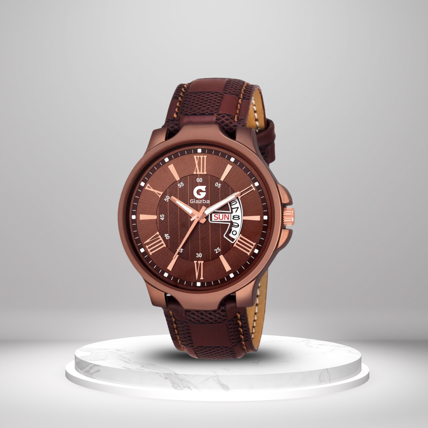 Textured Brown Leather Analog Watch with Day and Date – For Men