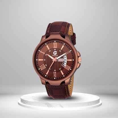 Textured Brown Leather Analog Watch with Day and Date – For Men