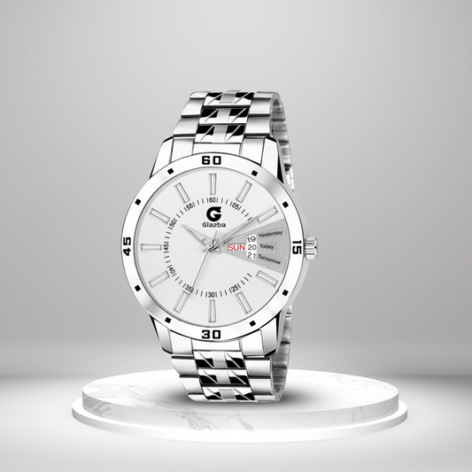 Elegant Two-Tone White & Silver Analog Watch for Men – Stainless Steel Strap with Day & Date Display