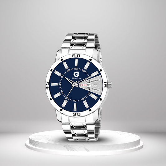 Men’s Two-Tone Blue & Silver Analog Watch – Day & Date Function with Stainless Steel Strap