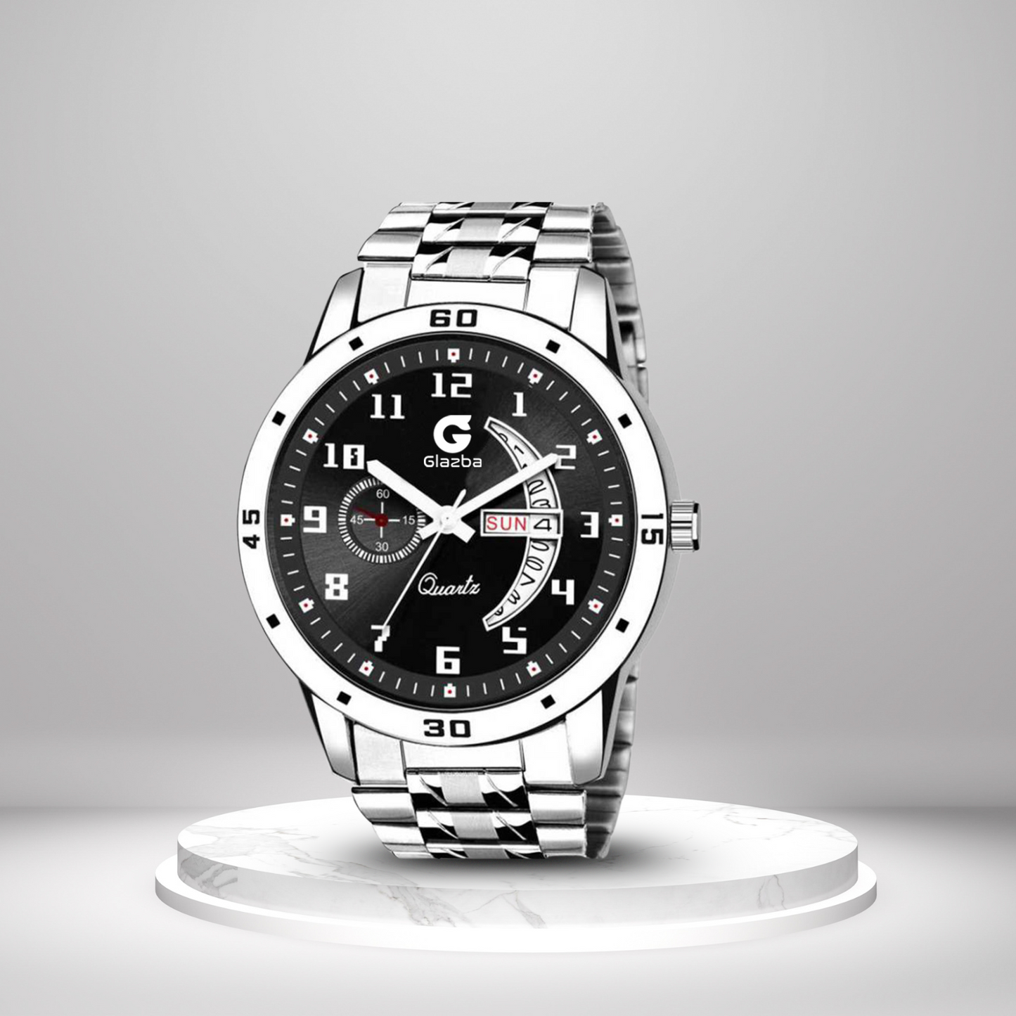 Men’s Analog Watch with Day & Date Function – Silver Stainless Steel Strap – Black Dial Variant