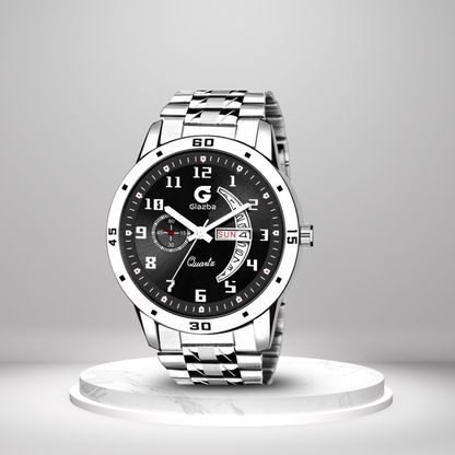 Men’s Analog Watch with Day & Date Function – Silver Stainless Steel Strap – Black Dial Variant