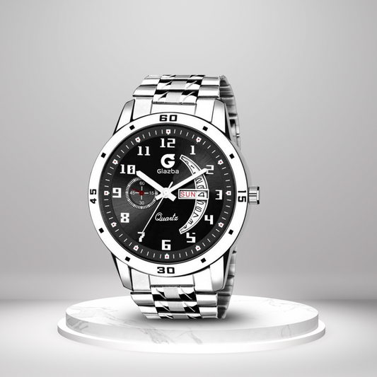 Men’s Analog Watch with Day & Date Function – Silver Stainless Steel Strap – Black Dial Variant
