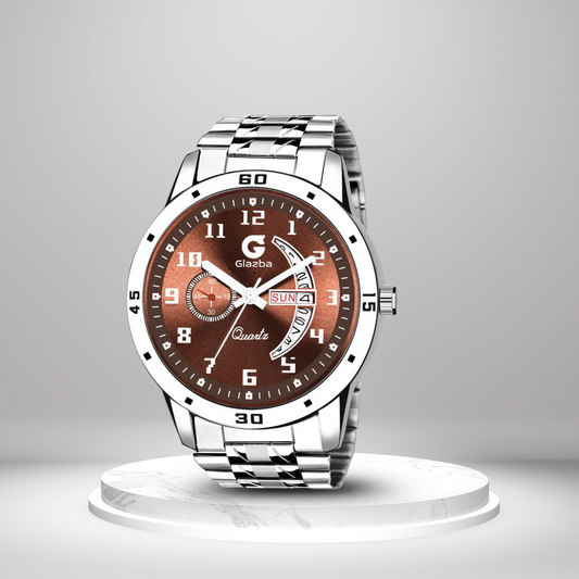 Men’s Analog Watch with Day & Date Function – Silver Stainless Steel Strap – Brown Dial Variant