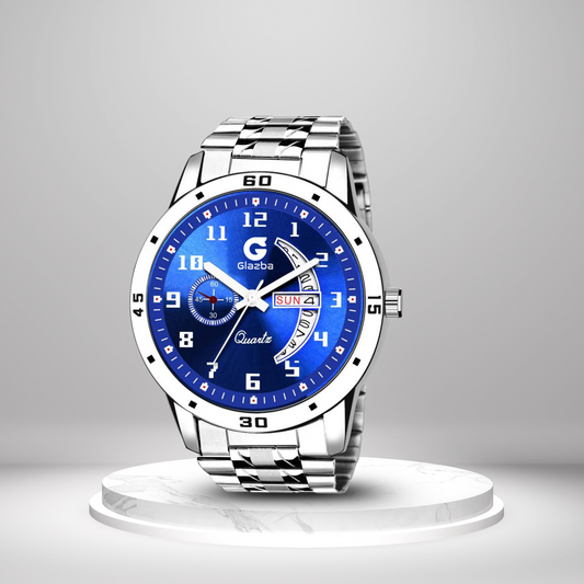 Men’s Analog Watch with Day & Date Function – Silver Stainless Steel Strap – Blue Dial Variant