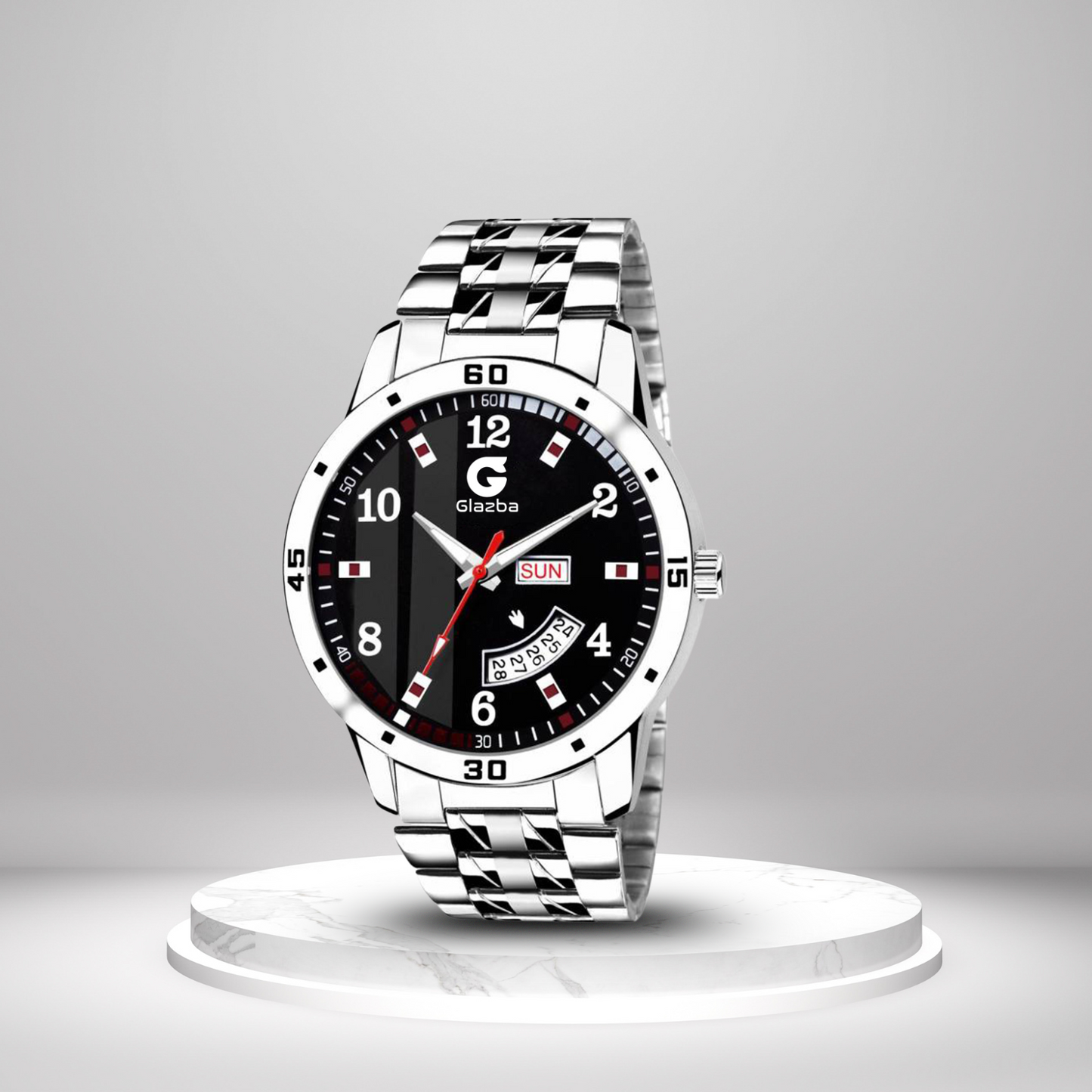 Men’s Analog Watch with Day & Date Function – Textured Stainless Steel Chain – Black Dial Variant