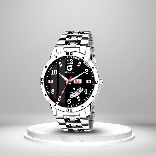 Men’s Analog Watch with Day & Date Function – Textured Stainless Steel Chain – Black Dial Variant