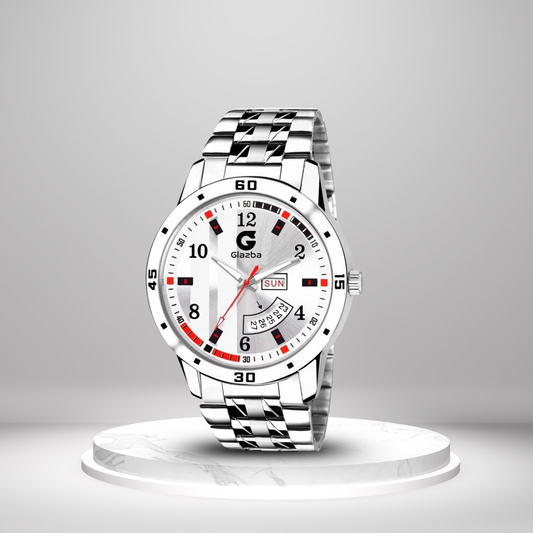 Men’s Analog Watch with Day & Date Function – Textured Stainless Steel Chain – White Dial Variant
