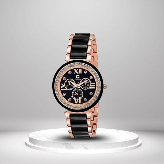 Elegant Black Stone Analog Watch for Women – Stainless Steel Chain