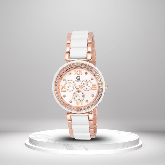 Elegant White Stone Analog Watch for Women – Stainless Steel Chain